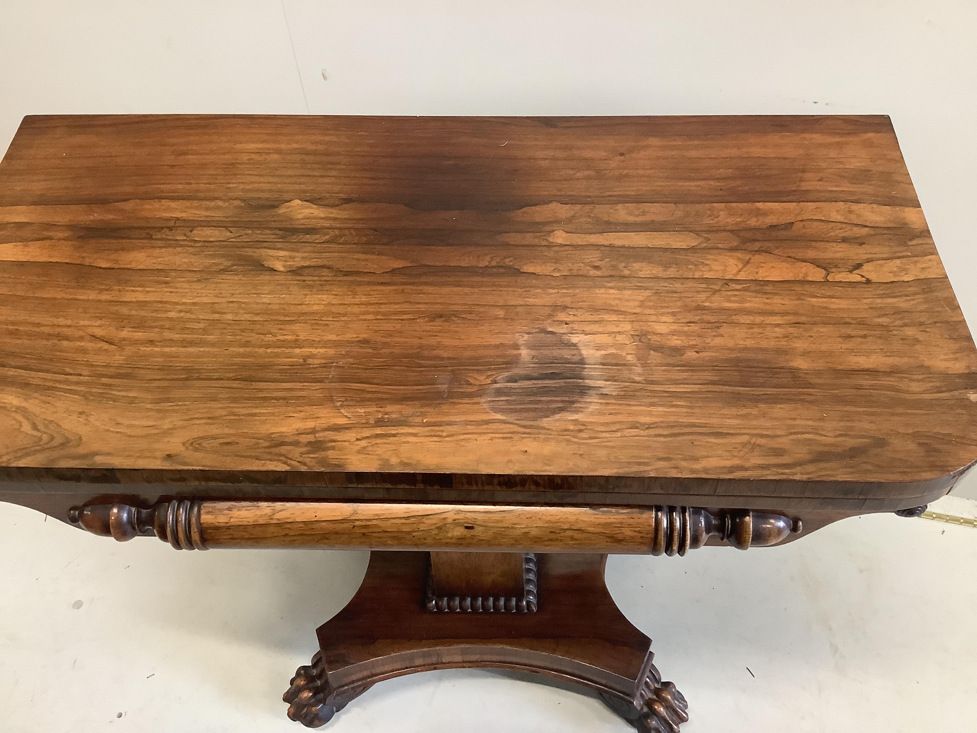 A William IV rosewood folding card table, width 90cm, depth 43cm, height 77cm